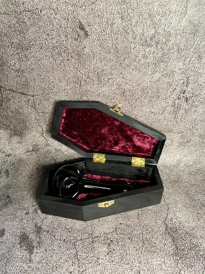 Solid Black with Plum Red Lining Wooden, Coffin Shaped Pipe Box 