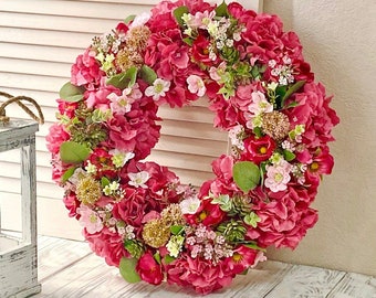 Hydrangea wreath, Summer wreath for front door, Floral wreath, Colorful wreath