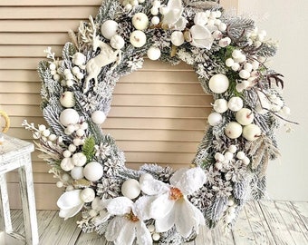 Winter wreath for front door,  White wreath, Wreath not Christmas, Winter rustic door wreath, January wreath