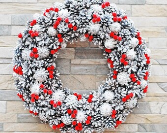 Winter wreath pine cones for front door red white , Holiday home decor, Natural rustic decorations