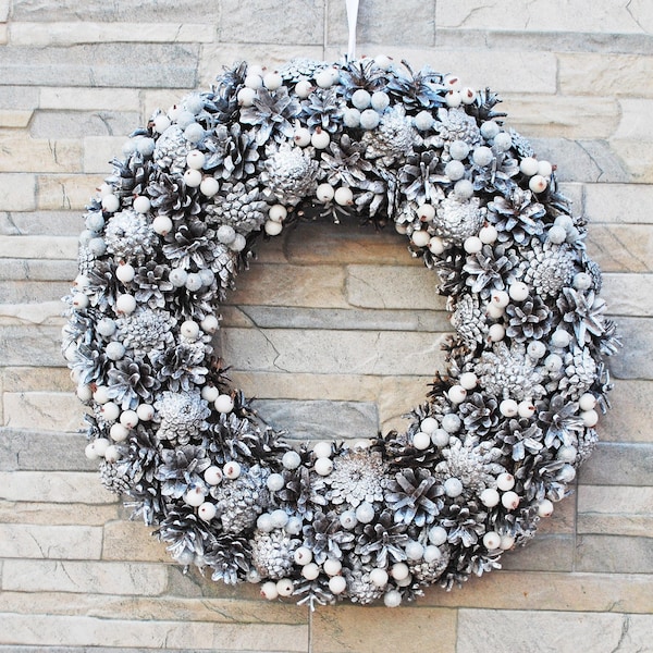 Silver winter wreath of pine cones for front door, Natural rustic decorations, Holiday winter home decor