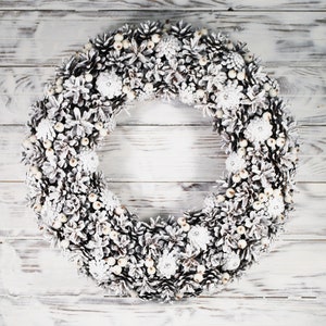 White winter wreath pine cones for front door, Winter holiday home decor, Natural rustic wreath, January wreath, Wreath not Christmas image 2