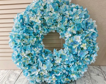 Summer spring hydrangea wreath for front door, Flower wreath, Blue wreath, Year round  wreath