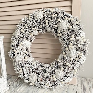 White winter wreath pine cones for front door, Winter holiday home decor, Natural rustic wreath, January wreath, Wreath not Christmas image 1