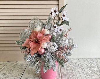 Christmas table centerpiece, Centerpiece pink, white, arrangement for table, Holiday decor