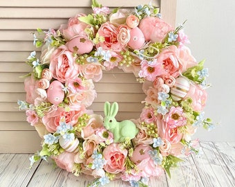 Easter wreath for front door, Bunny wreath, Spring pink door wreath, Easter egg wreath