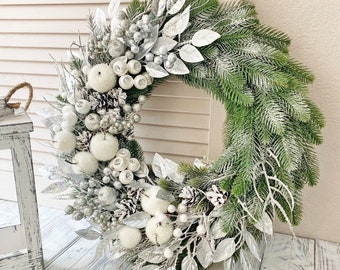 Winter wreath for front door,  Wreath not Christmas, Silver white wreath, Winter rustic door wreath, January wreath