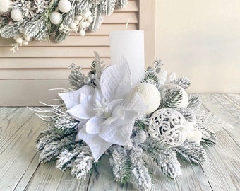 Christmas table centerpiece, candle centerpiece white, arrangement with candle