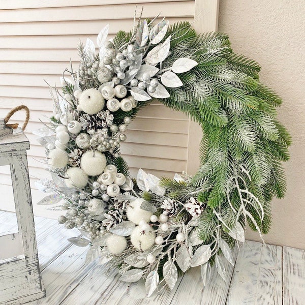 Winter wreath for front door,  Wreath not Christmas, Silver white wreath, Winter rustic door wreath, January wreath