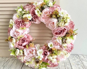 Spring  summer wreath for front door outdoor, Pink wreath with peonies, Floral spring wreaths, Front door decor, Wreath for spring