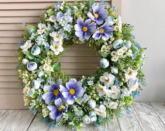 Wildflower wreath, Summer wreath for front door, Blue white wreath, Colorful wreath, Farmhouse wreath, Year round  wreath