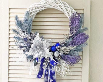 Christmas wreath silver purple, Wreath for front door, Holiday home decor, Winter door wreath