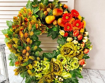 Colorful Fall Wreath for Front Door: Autumn Floral & Pear Decor
