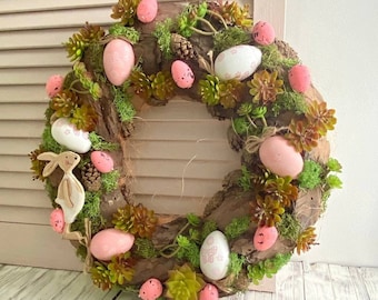 Easter Bunny wreath for front door, Spring decor, Natural tree bark wreath, Easter egg wreath