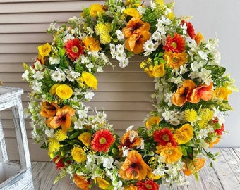 Wildflower wreath, Summer wreath for front door, Front door decor, Colorful wreath