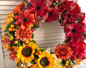 Guirlanda de Outono com Girassol Borgonha e Dourado: Decoração de Porta de Outono de 50 cm