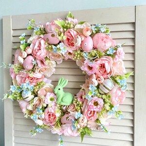 Easter wreath for front door, Bunny wreath, Spring pink door wreath, Easter egg wreath image 5