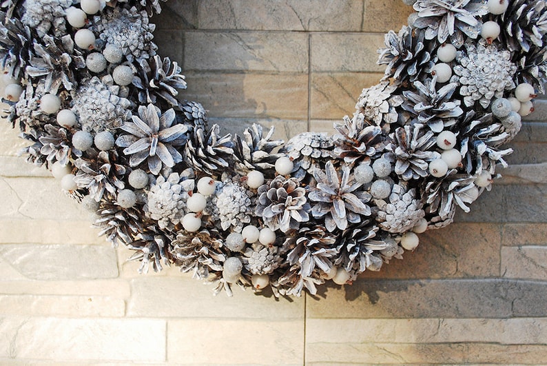 White winter wreath pine cones for front door, Winter holiday home decor, Natural rustic wreath, January wreath, Wreath not Christmas image 4