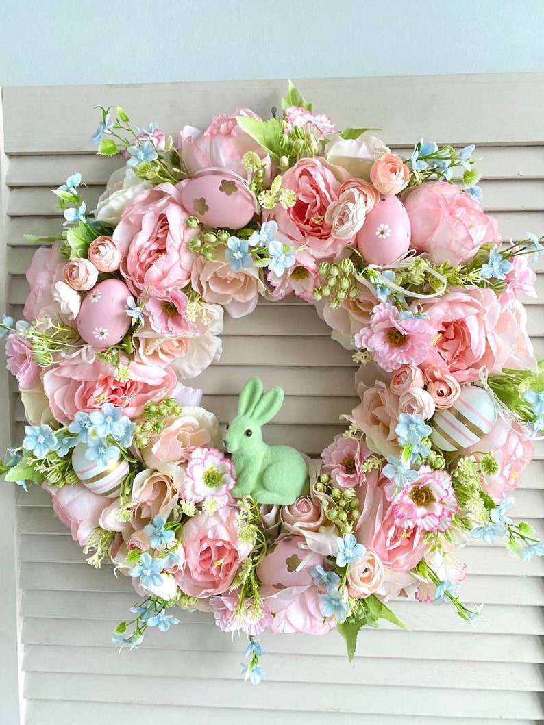 Easter wreath for front door, Bunny wreath, Spring pink door wreath, Easter egg wreath image 2