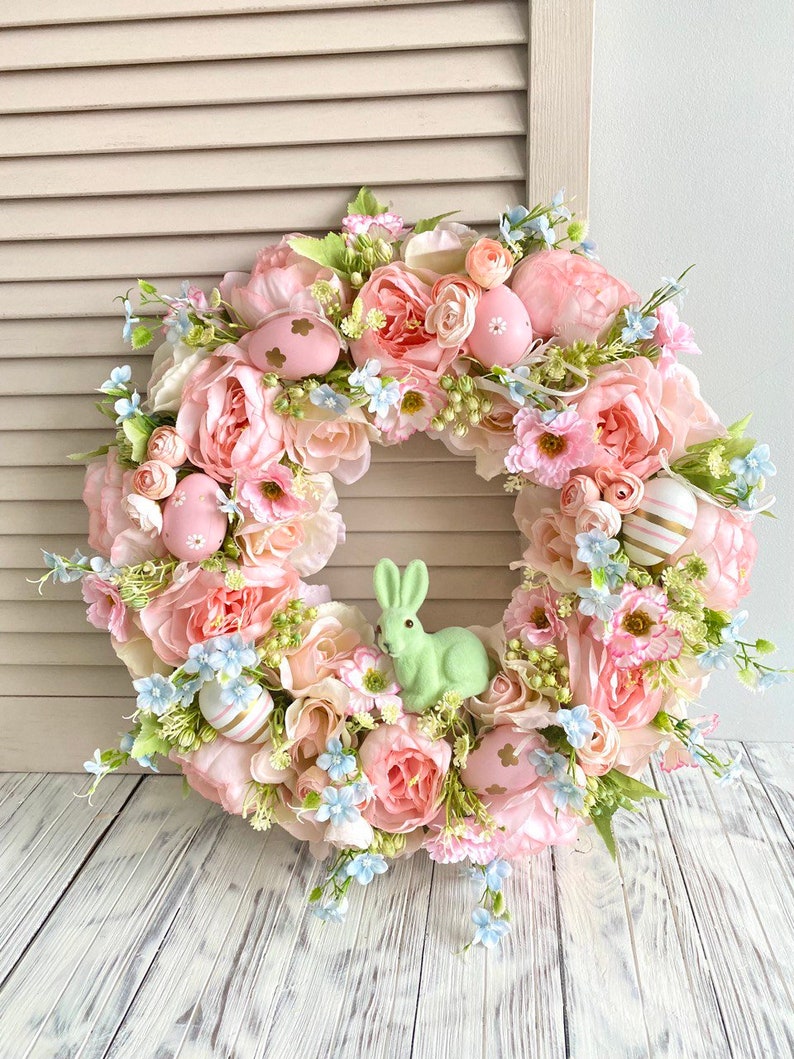 Easter wreath for front door, Bunny wreath, Spring pink door wreath, Easter egg wreath image 7