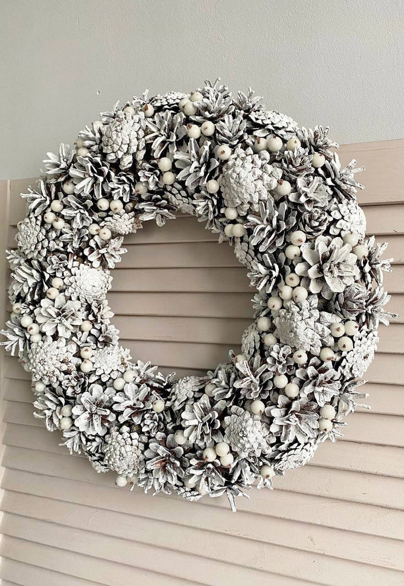 White winter wreath pine cones for front door, Winter holiday home decor, Natural rustic wreath, January wreath, Wreath not Christmas image 8