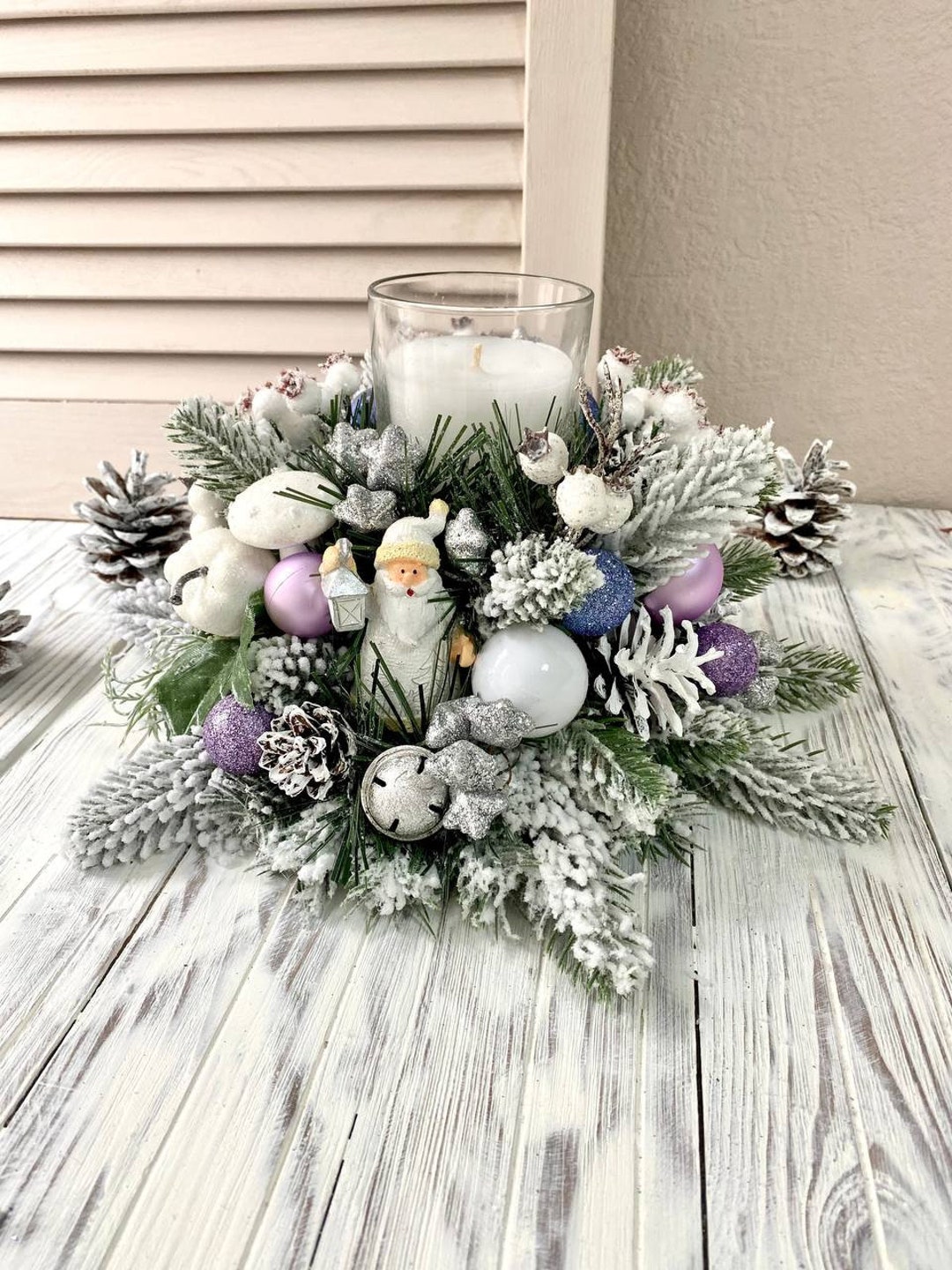 Christmas Table Centerpiece Candle Centerpiece Blue White Etsy UK