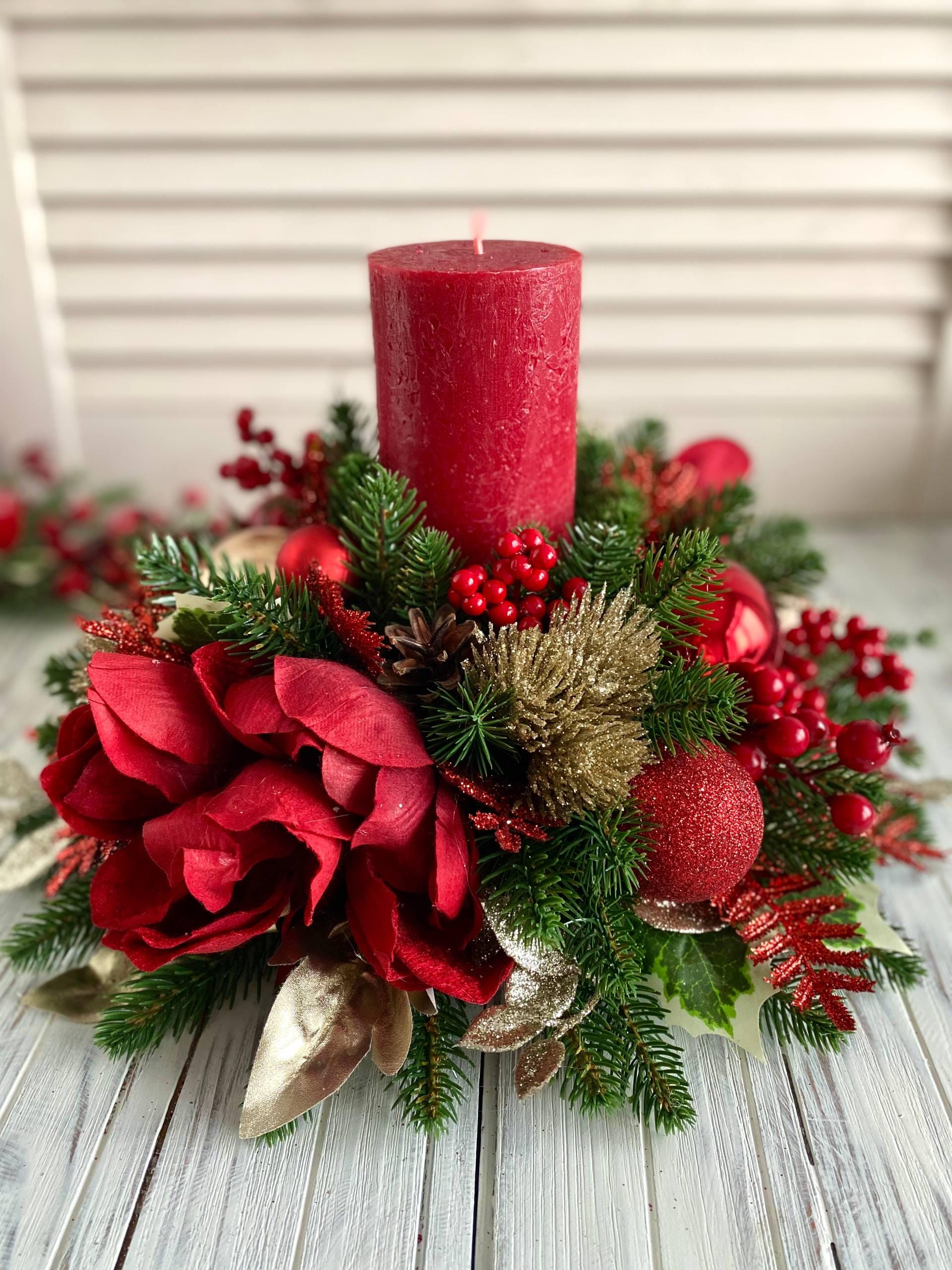 36 Creative Christmas Decor Ideas to Transform Your Space: Festive Hacks You'll Love 23 Christmas Table Centerpiece with Red Candle, Holiday Floral…