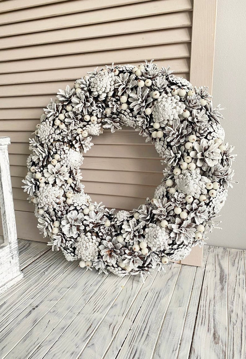 White winter wreath pine cones for front door, Winter holiday home decor, Natural rustic wreath, January wreath, Wreath not Christmas image 10