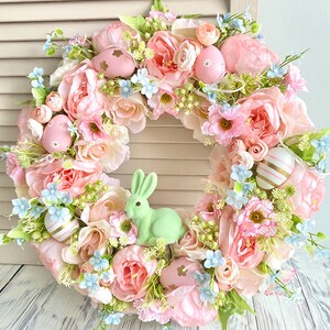 Easter wreath for front door, Bunny wreath, Spring pink door wreath, Easter egg wreath image 9