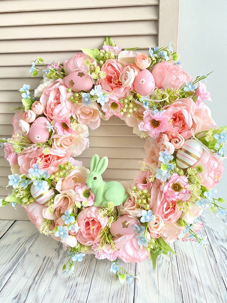 Easter wreath for front door, Bunny wreath, Spring pink door wreath, Easter egg wreath image 9