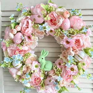 Easter wreath for front door, Bunny wreath, Spring pink door wreath, Easter egg wreath image 4