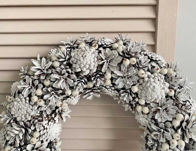 White winter wreath pine cones for front door, Winter holiday home decor, Natural rustic wreath, January wreath, Wreath not Christmas image 9