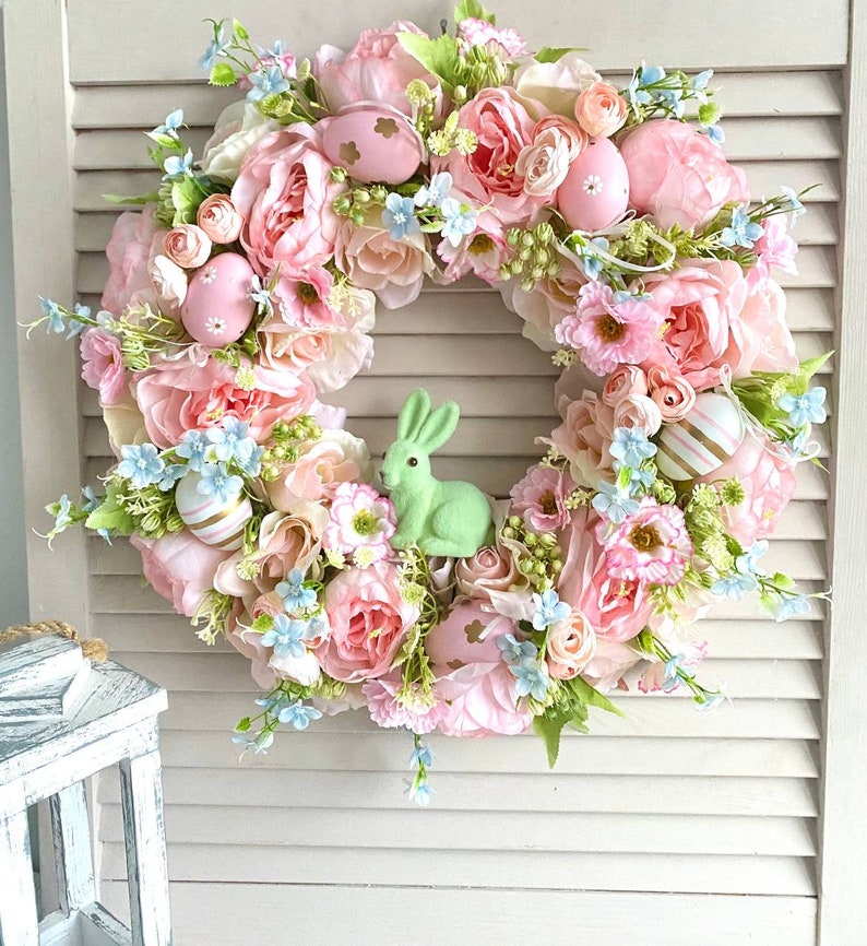 Easter wreath for front door, Bunny wreath, Spring pink door wreath, Easter egg wreath image 3