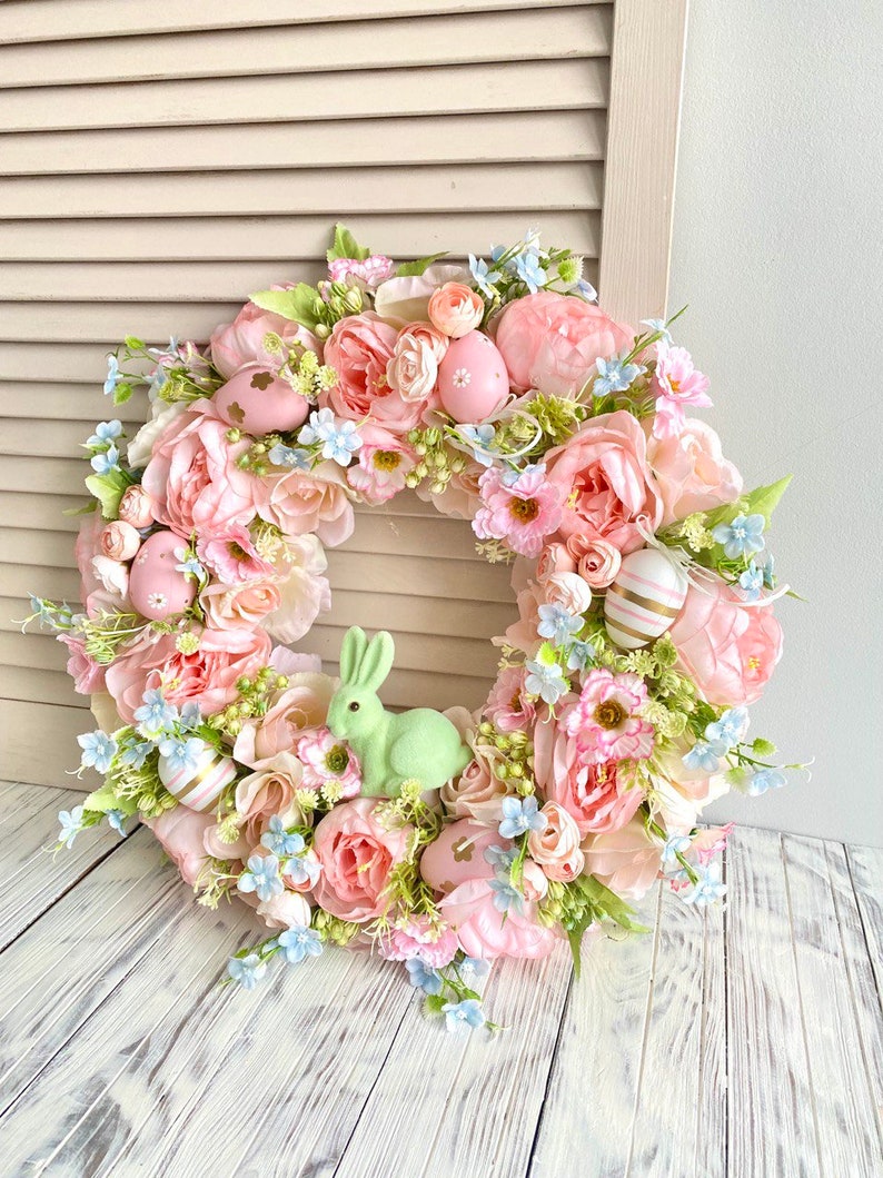 Easter wreath for front door, Bunny wreath, Spring pink door wreath, Easter egg wreath image 10