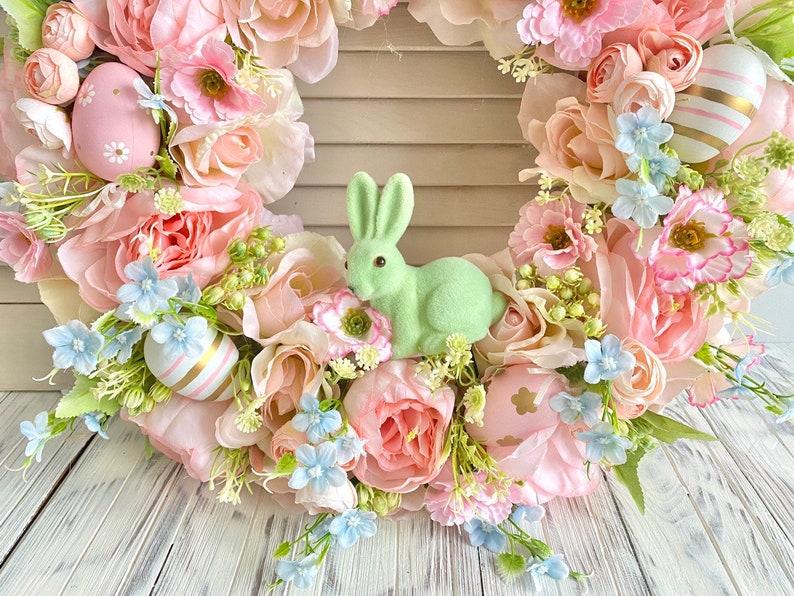 Easter wreath for front door, Bunny wreath, Spring pink door wreath, Easter egg wreath image 8