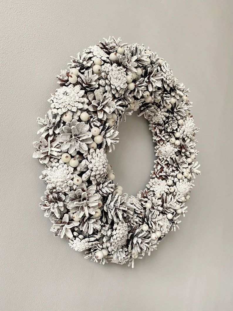 White winter wreath pine cones for front door, Winter holiday home decor, Natural rustic wreath, January wreath, Wreath not Christmas image 6