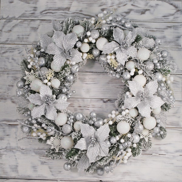 Silver Christmas wreath, Winter wreath for front door, Holiday home decor, Winter rustic door wreath