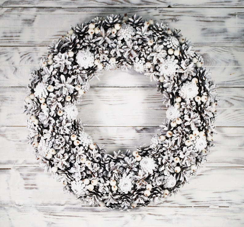 White winter wreath pine cones for front door, Winter holiday home decor, Natural rustic wreath, January wreath, Wreath not Christmas image 2