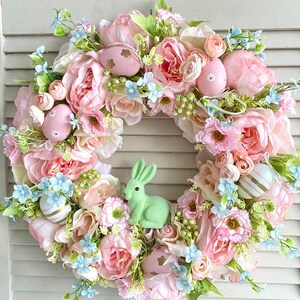 Easter wreath for front door, Bunny wreath, Spring pink door wreath, Easter egg wreath image 6