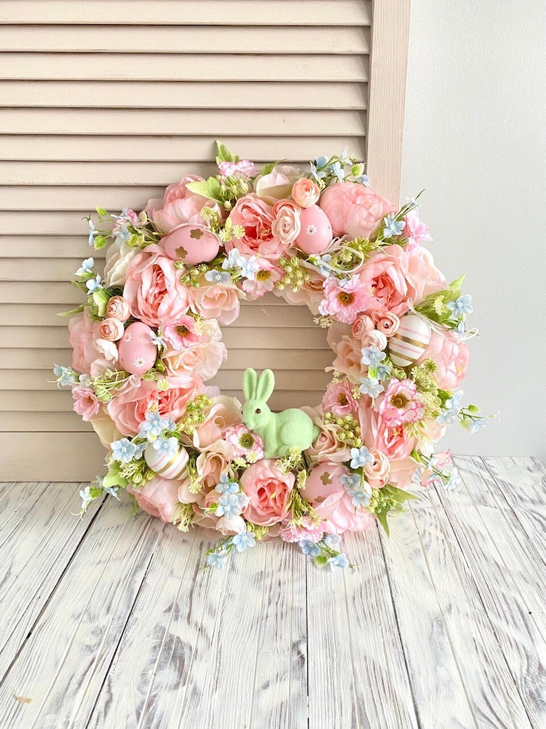 Easter wreath for front door, Bunny wreath, Spring pink door wreath, Easter egg wreath image 1