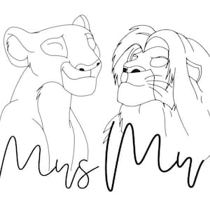 Puede incluir: Dibujo de línea de un león y una leona con el texto "Mrs. Mr." debajo.