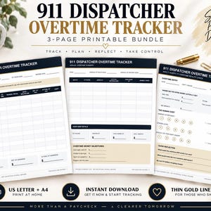 Op de afbeelding: Een 3-pagina tellende printbare 911 Dispatcher Overtime Tracker-bundel met een maandelijks logboek, jaaroverzicht en realitycheck-blad. De documenten hebben een donkerblauw en goud kleurenschema met velden voor het bijhouden van uren en loon.