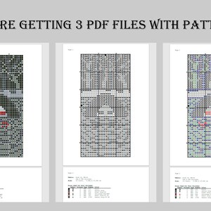 K&ouml;nnte beinhalten: Drei PDF-Dateien mit Mustern f&uuml;r Kreuzstich. Die Muster sind f&uuml;r ein gruseliges, pixeliges Bild eines Monsters mit roten Augen. Die Muster sind mit "Seite 1", "Seite 2" und "Seite 3" beschriftet.
