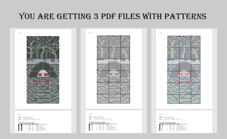K&ouml;nnte beinhalten: Drei PDF-Dateien mit Mustern f&uuml;r Kreuzstich. Die Muster sind f&uuml;r ein gruseliges, pixeliges Bild eines Monsters mit roten Augen. Die Muster sind mit "Seite 1", "Seite 2" und "Seite 3" beschriftet.