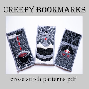 Puede incluir: Tres marcadores de punto de cruz grises y blancos con diseños espeluznantes. Los marcadores presentan un caldero con un líquido rojo, una mujer con un tercer ojo y una mujer con un corazón rojo. Los marcadores están etiquetados como "Creepy Bookmarks" y "cross stitch patterns pdf".
