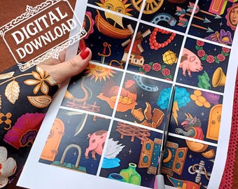 Gioco di pazienza stampabile La maga di Kiev / Mazzo di oracoli ucraini / Carte digitali per la predizione del futuro / Gioco di divinazione solitario vintage