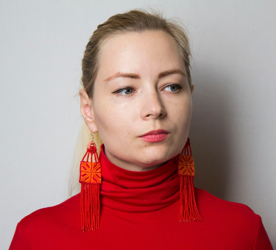 Red ethnic hand embroidered earrings Beads tribal jewelry Boho Etsy