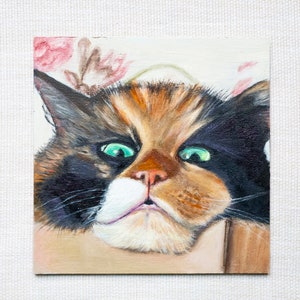 Calico gato pintura al óleo original Pintura en miniatura de carey y gato blanco Imagen de retrato de gato divertido Mini retrato de gato