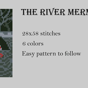 K&ouml;nnte beinhalten: Ein Pixel-Art-Kreuzstichmuster einer Meerjungfrau mit roten Augen und schwarzen Haaren, die aus einem dunkelgr&uuml;nen Fluss auftaucht. Das Muster ist 28 Stiche breit und 58 Stiche hoch und verwendet 6 Farben. Der Text "THE RIVER MERMAID" befindet sich &uuml;ber dem Bild. Der Text "Easy pattern to follow" befindet sich unter dem Bild.