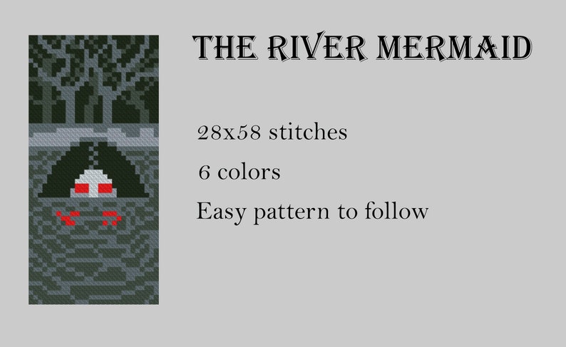 K&ouml;nnte beinhalten: Ein Pixel-Art-Kreuzstichmuster einer Meerjungfrau mit roten Augen und schwarzen Haaren, die aus einem dunkelgr&uuml;nen Fluss auftaucht. Das Muster ist 28 Stiche breit und 58 Stiche hoch und verwendet 6 Farben. Der Text "THE RIVER MERMAID" befindet sich &uuml;ber dem Bild. Der Text "Easy pattern to follow" befindet sich unter dem Bild.